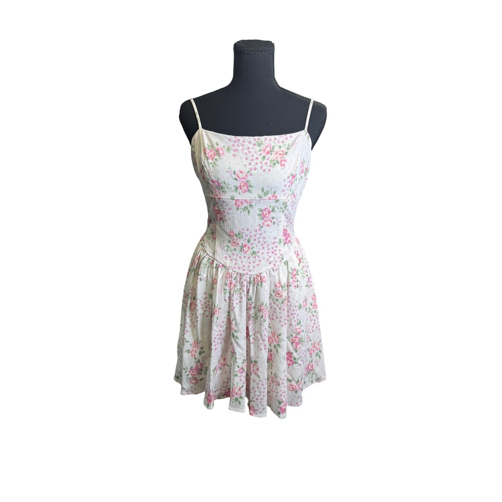 Altar'd State Floral Mini Dress Womens Medium white Pink Basque Waist